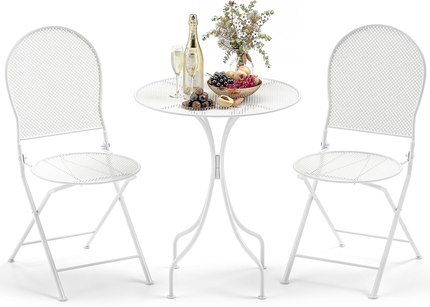 Tangkula 3 Pieces Patio Bistro Set, Metal Table and Folding Chair Set for 2, Outdoor Garden Furniture Set with Round Table & 2 Folding Chairs, Indoor Outdoor Bistro Set for Garden, Yard, Porch (White)