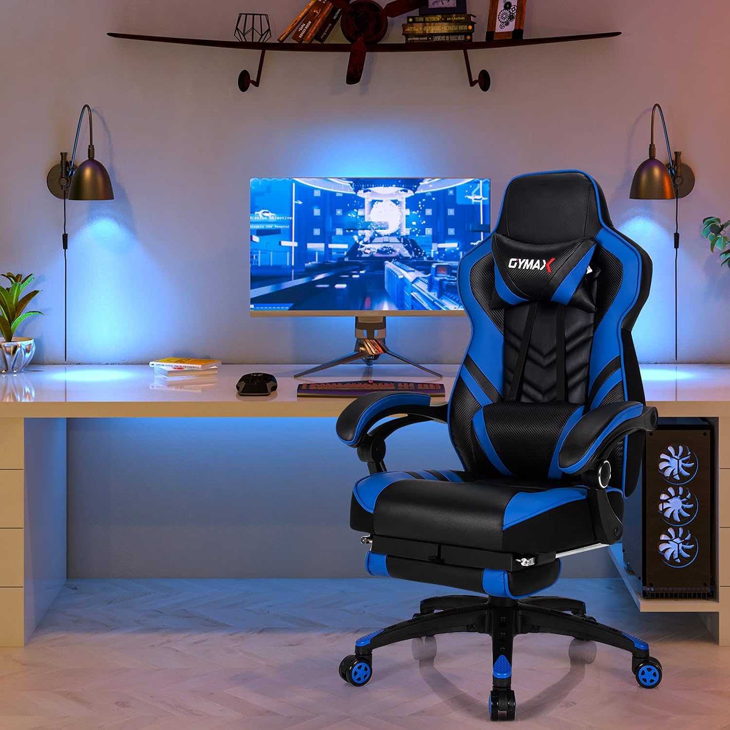 GYMAX Gaming Chair, Ergonomic Computer Chair with Footrest, Linkage Armrests & Lumbar Cushion, Big Wide High Back Video Gaming Chair, Reclining Office Rolling Chair for Adult/Teens (Blue)