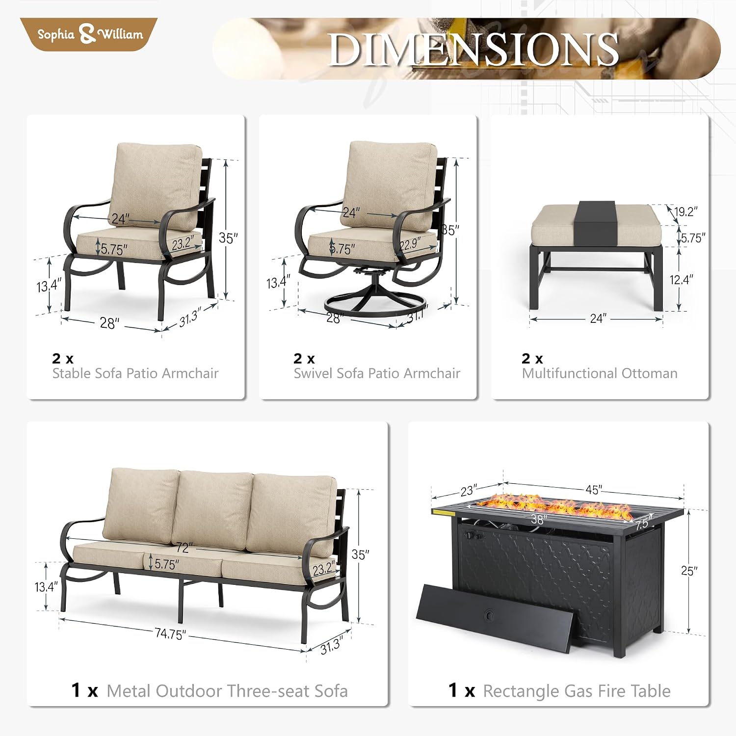 Sophia & William Patio Furniture Sets for 9 with 45' Gas Fire Pit Table Outdoor Conversation Sets 8 Pcs, 2xSofa Chairs, 2xSwivel Cushion Chairs, 1x3-Seat Sofa, 2xOttomans for Porch Poolside Beige
