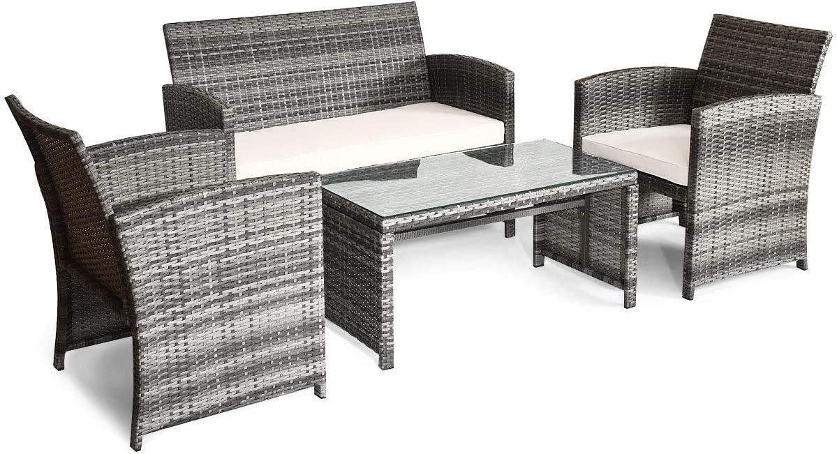 Giantex 4 Pc Rattan Patio Furniture Set Garden Lawn Sofa Cushioned Seat Mix Gray Wicker