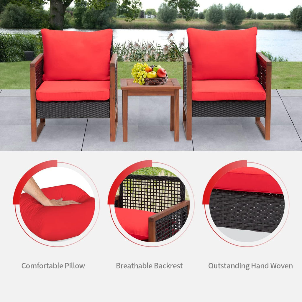 FDW Patio Bistro Set 3-Piece Acacia Wood Outdoor Chat Conversation Table Chair Set Outdoor Wood Chat Set with Water Resistant Cushions and Coffee Table for Beach Backyard Garden,Red Cushion