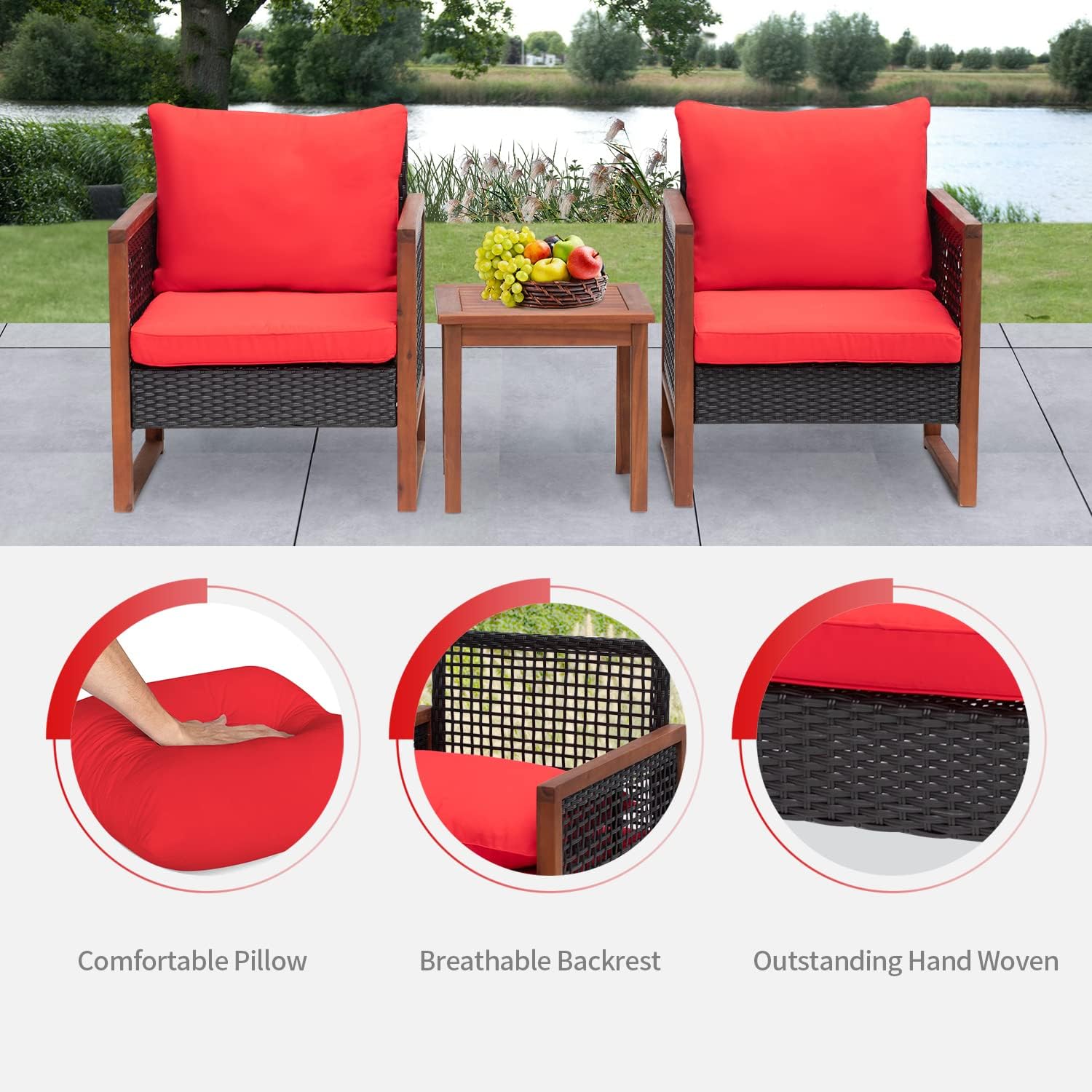 FDW Patio Bistro Set 3-Piece Acacia Wood Outdoor Chat Conversation Table Chair Set Outdoor Wood Chat Set with Water Resistant Cushions and Coffee Table for Beach Backyard Garden,Red Cushion