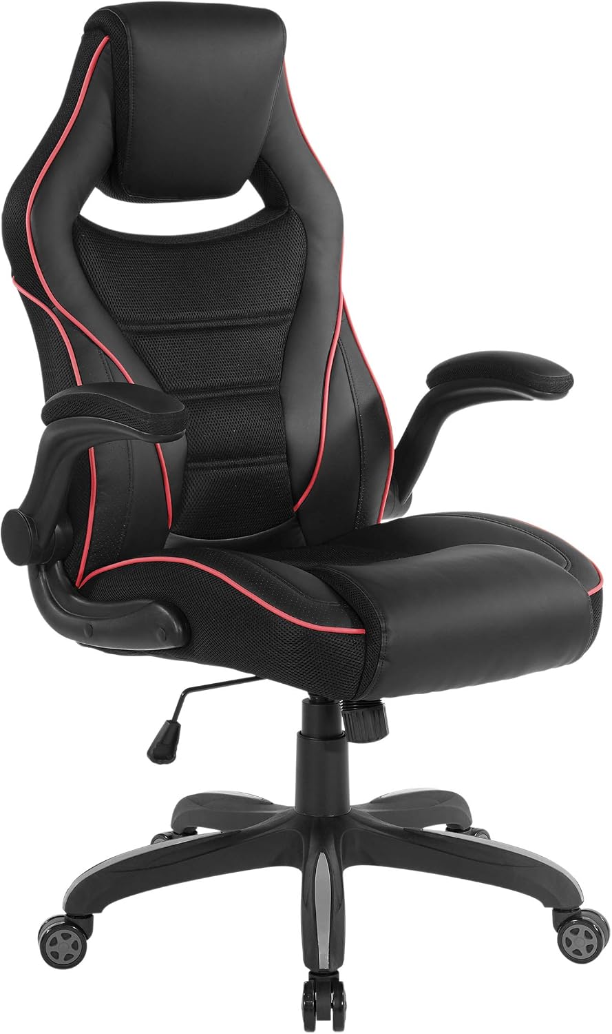OSP Home Furnishings Xeno Ergonomic Adjustable Faux Leather Gaming Chair with Integrated Headrest and Airflow Cooling Material, Black with Red Accents
