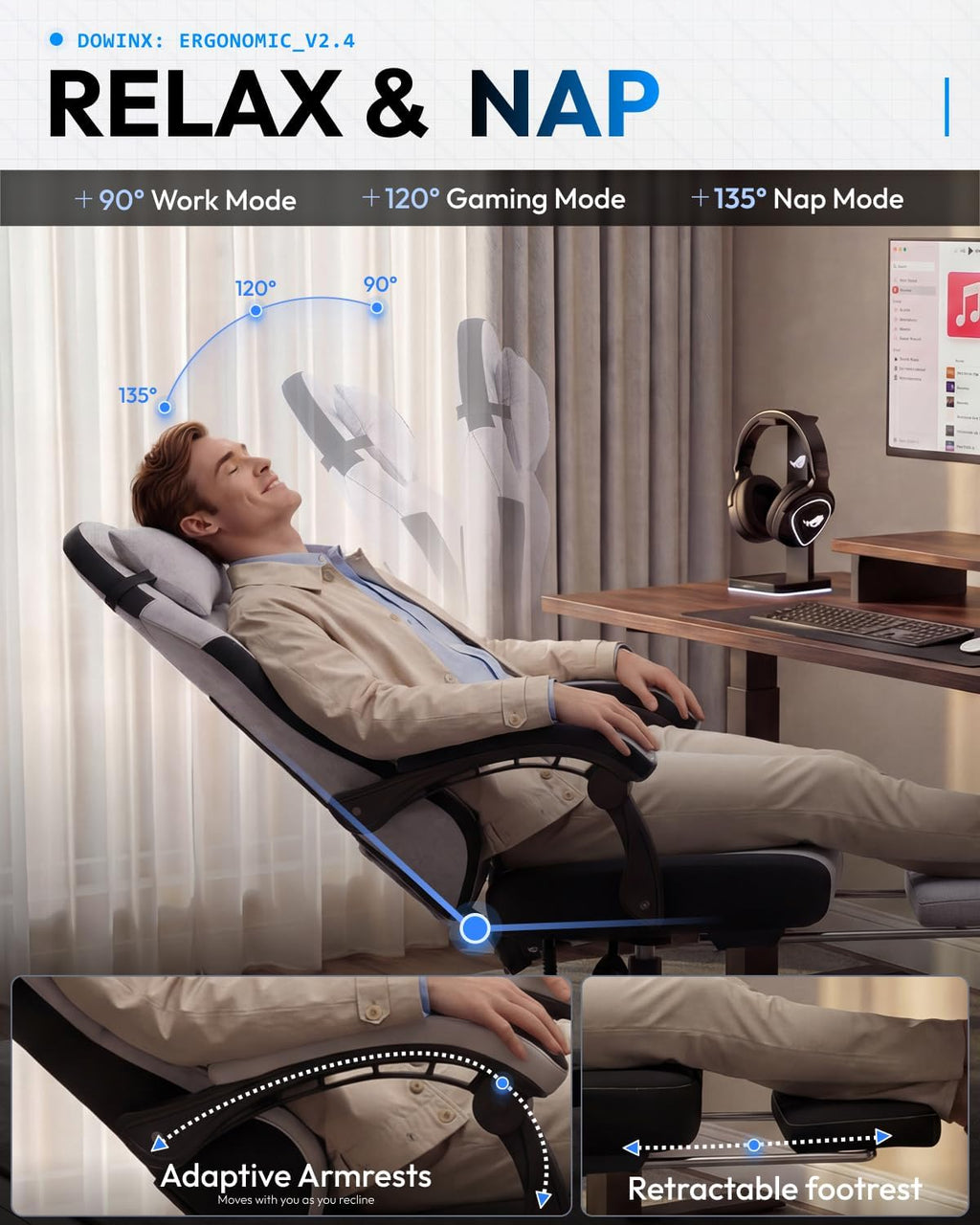 Dowinx Gaming Chair, Fabric Gaming Chairs for Adults with Pocket Spring Cushions and Lumbar Support, Ergonomic Massage Computer Chair with Footrest for Big and Tall, Gray