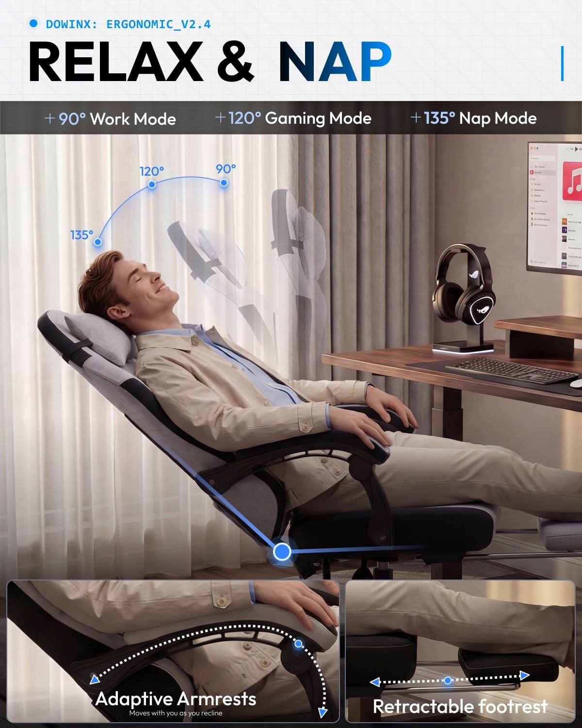 Dowinx Gaming Chair, Fabric Gaming Chairs for Adults with Pocket Spring Cushions and Lumbar Support, Ergonomic Massage Computer Chair with Footrest for Big and Tall, Gray
