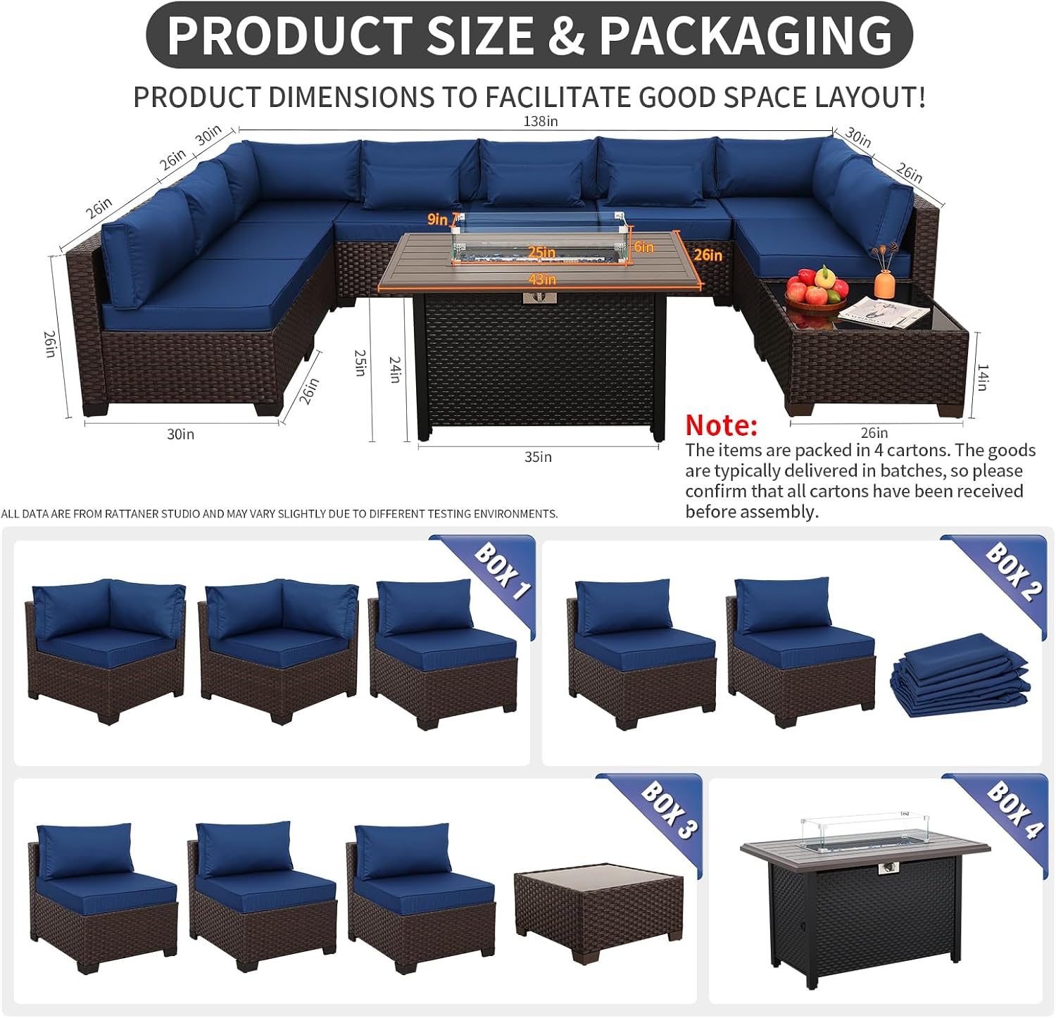 Rattaner 10 Pieces Outdoor Sectional All-Weather Wicker Patio Furniture Set Patio Sectional and Steel Fire Table and Glass Patio Table Non-Slip Cushions and Waterproof Covers, Navy Blue