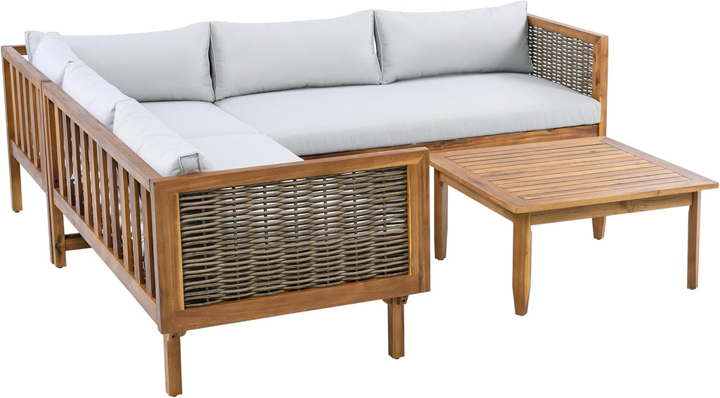 Christopher Knight Home Tenntt 5-Seater Acacia Wood Patio Furniture Set, Outdoor Conversation Sofa Chat Set with Coffee Table, Wicker Arm, Sectional Seating Group for Backyard Balcony, Teak+Light Gray