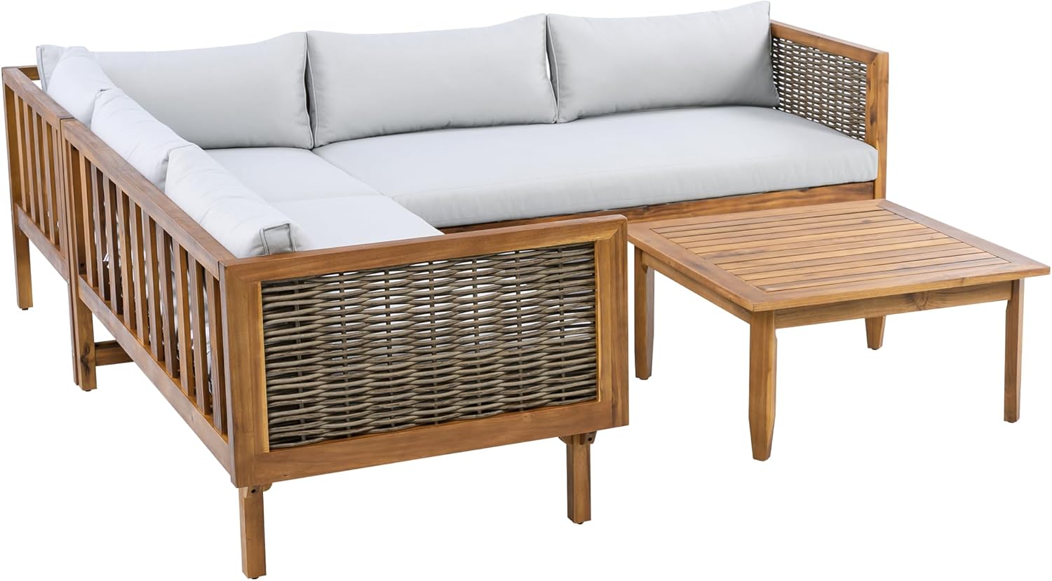 Christopher Knight Home Tenntt 5-Seater Acacia Wood Patio Furniture Set, Outdoor Conversation Sofa Chat Set with Coffee Table, Wicker Arm, Sectional Seating Group for Backyard Balcony, Teak+Light Gray