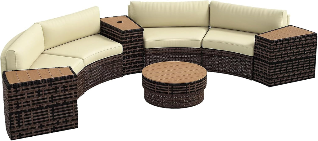 Outsunny 8 Piece Patio Furniture Set with 4 Rattan Sofa Chairs & 4 Tables, Outdoor Conversation Set with Storage & Umbrella Hole for Backyard, Lawn and Pool, Mixed Brown