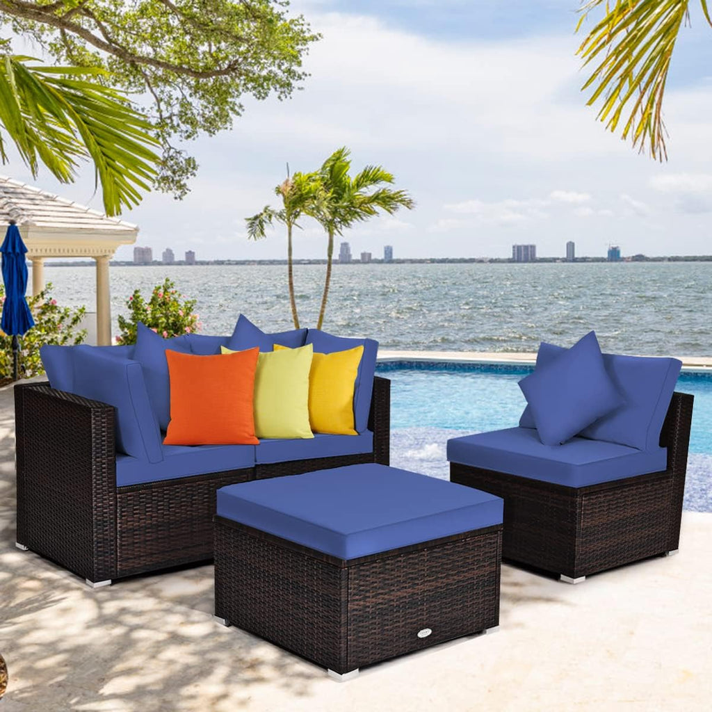 Tangkula 4 PCS Patio Rattan Sofa Set, Outdoor Wicker Sectional Furniture Set, Patio Conversation Set with Removable Cushions & Pillows for Backyard Porch Garden Poolside Balcony (Blue)