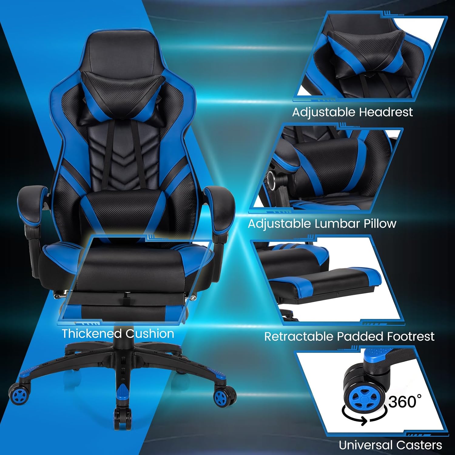 Goplus Gaming Chair, Computer Chair with Footrest and Lumbar Support, Height Adjustable Executive Swivel Rolling Task Chair with 90°-155° Tilt Function (Blue)