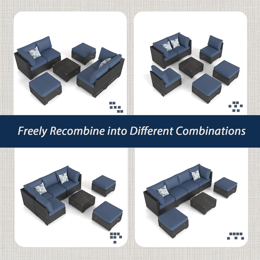 AECOJOY 7 Piece Outdoor Patio Furniture Set, Outdoor Sectional Conversation Furniture Chair with Coffee Table, Patio Sectional for Backyard, Garden(Navy Cushions and Black Rattan, with Cover)