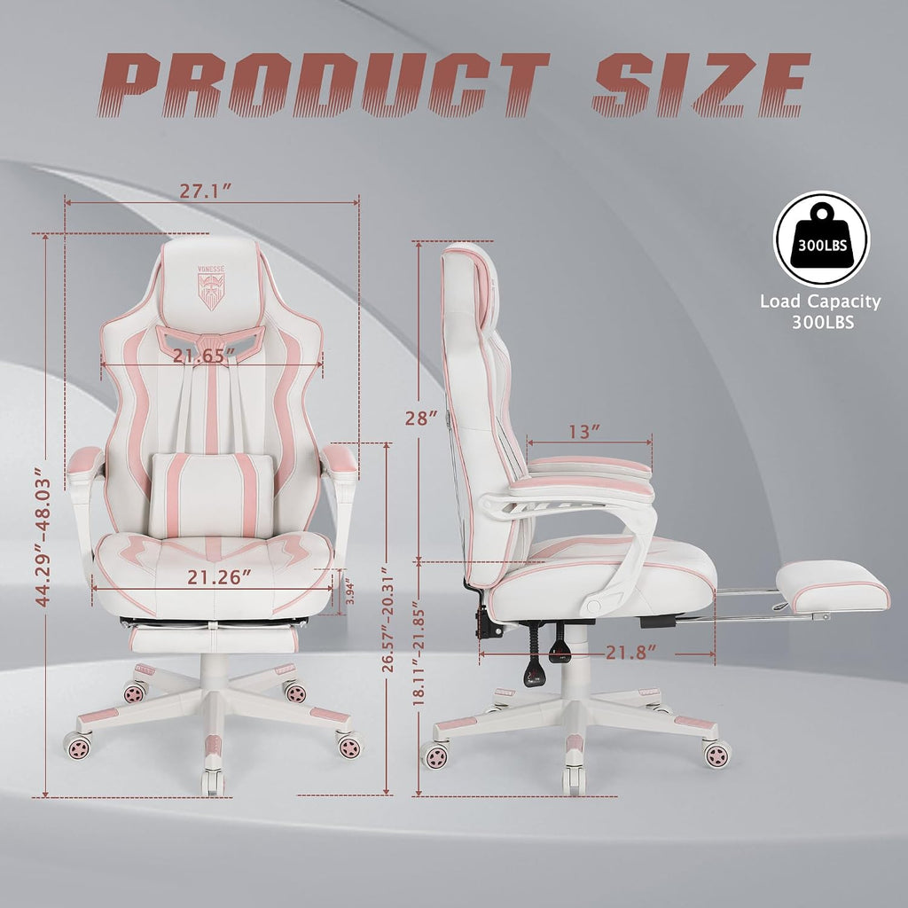 Vonesse Gaming Chair for Girls, Pink Computer Gaming Chairs for Adults, Reclining Gamer Chair with Footrest with Massage, Ergonomic Home Office Chair High Back (White/Pink)