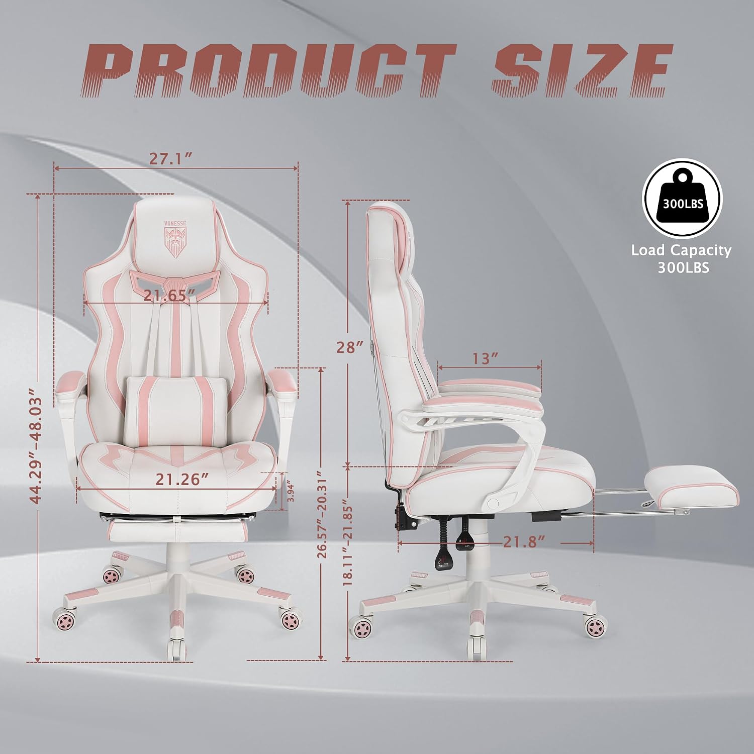 Vonesse Gaming Chair for Girls, Pink Computer Gaming Chairs for Adults, Reclining Gamer Chair with Footrest with Massage, Ergonomic Home Office Chair High Back (White/Pink)