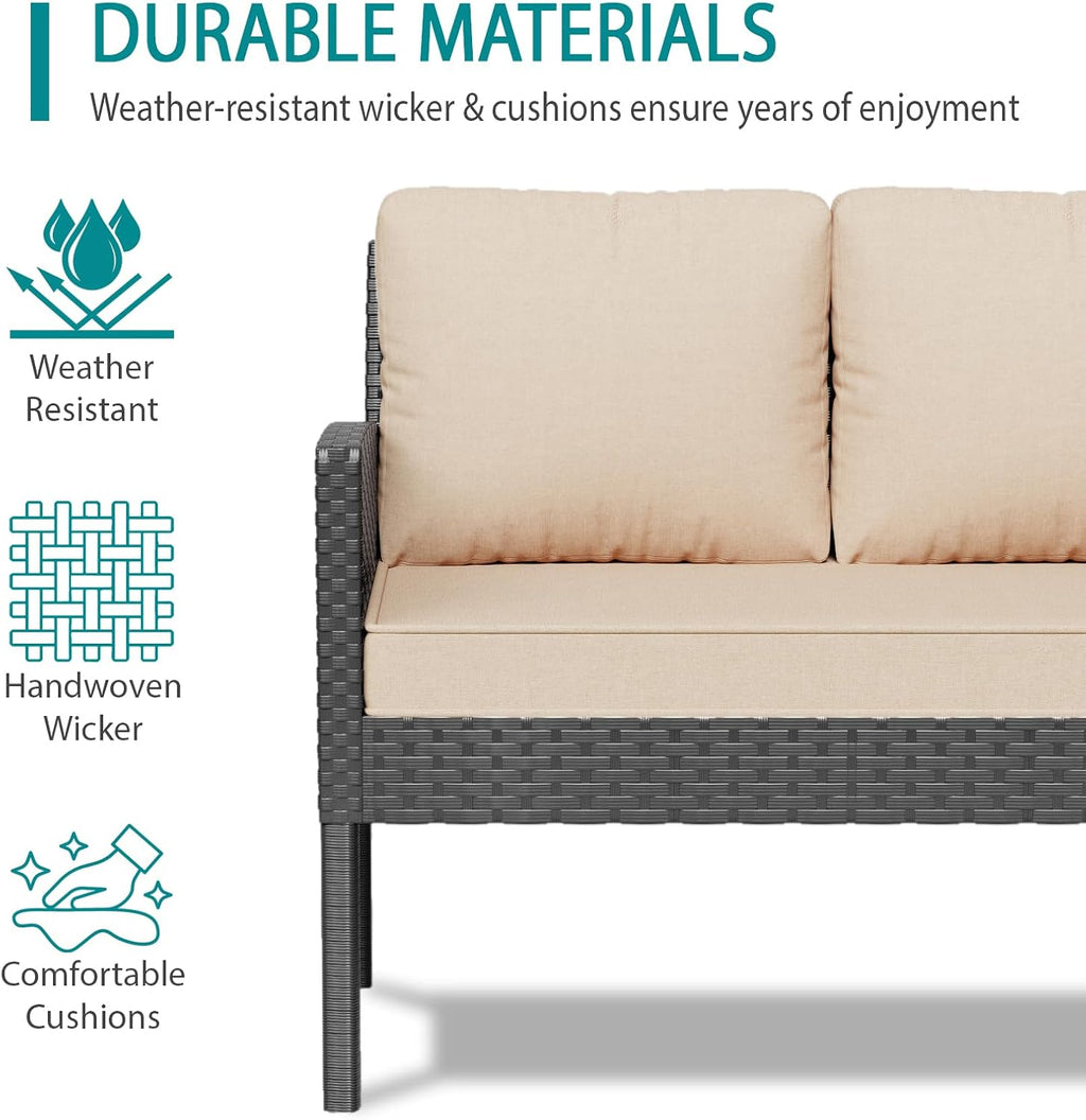 7-Piece Patio Furniture Set with Cushions and Pillows, Outdoor Wicker Sectional Sofa with Long Glass Coffee Table, All-Weather Conversation Set for Garden, Porch, Lawn, Khaki