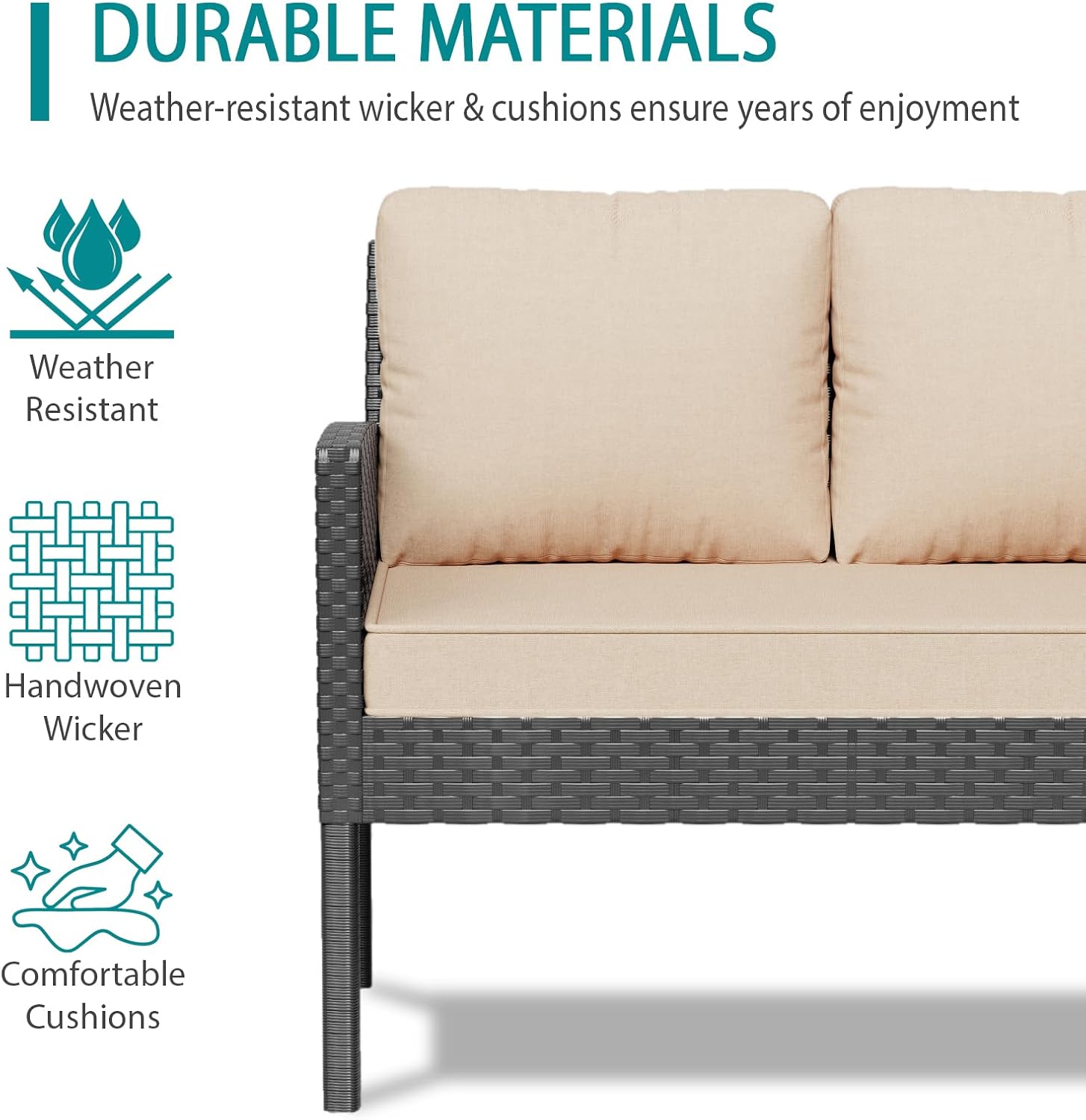 7-Piece Patio Furniture Set with Cushions and Pillows, Outdoor Wicker Sectional Sofa with Long Glass Coffee Table, All-Weather Conversation Set for Garden, Porch, Lawn, Khaki