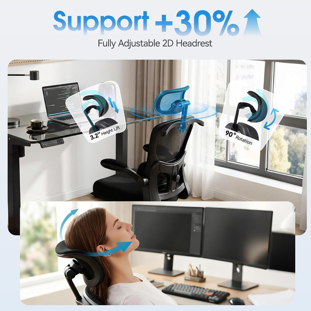 AreShark Office Chair-Ergonomic Desk Chair with Hidden Hanger & Flip-Up Arms, High Back Mesh Computer Chair with 2D Headrest & Adjustable Lumbar, Comfy Rolling Task Chair for Home Work Gaming, Black