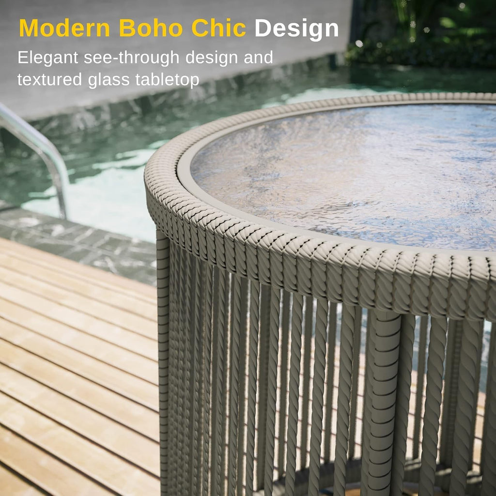East Oak 3-Piece Patio Bistro Set, Patio Conversation Set with 2 Wide Ergonomic Chairs, Cushions & Glass Top Side Table, Outdoor All-Weather Wicker Furniture for Porch, Upgrade Ivory & Jungle Green
