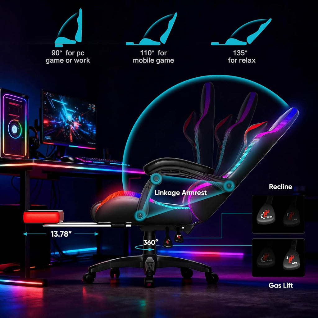 Czlolo Gaming Chair, RGB LED Lights Computer Chair with Footrest, Lumbar Support Massager Gamer Chair, High Back, 90-135° Reclining, Linkage Armrests, Red