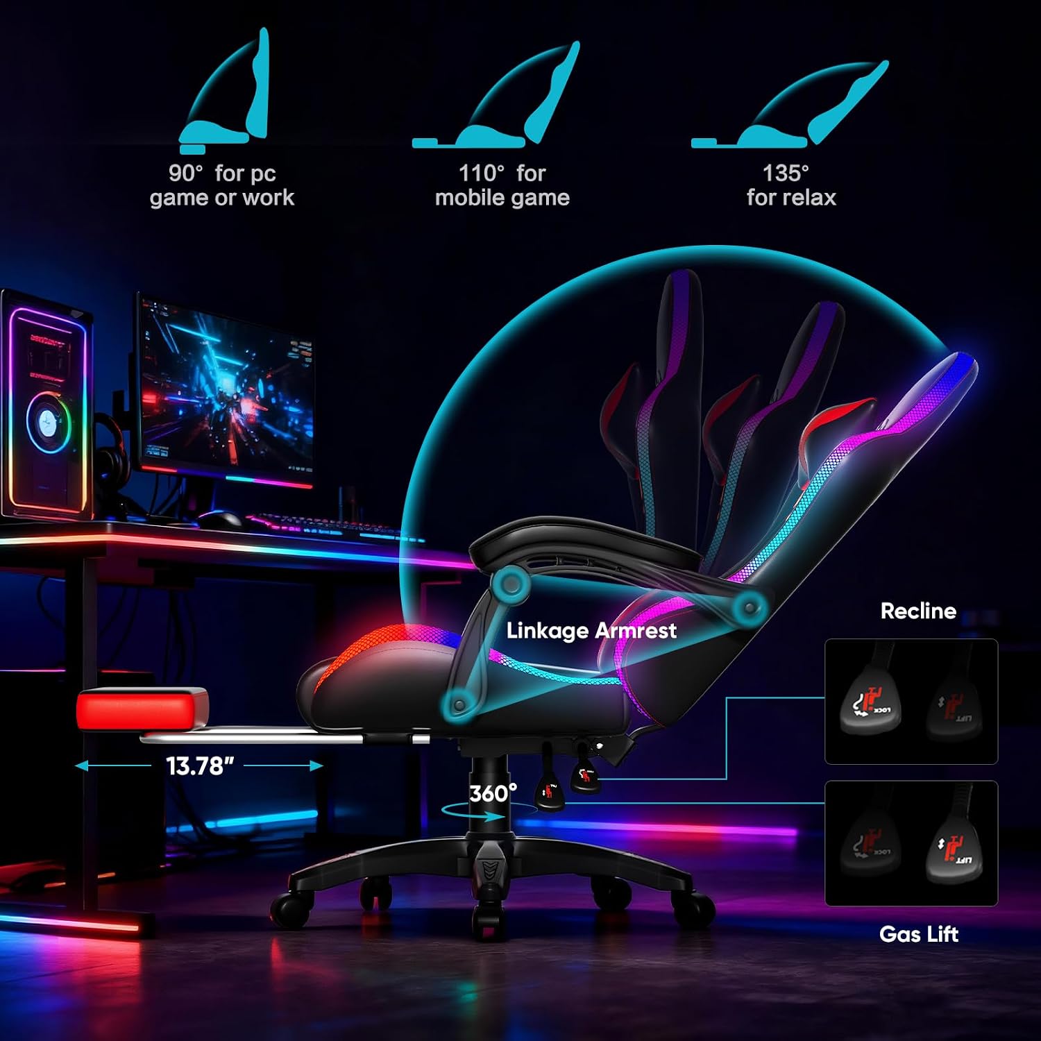 Czlolo Gaming Chair, RGB LED Lights Computer Chair with Footrest, Lumbar Support Massager Gamer Chair, High Back, 90-135° Reclining, Linkage Armrests, Red