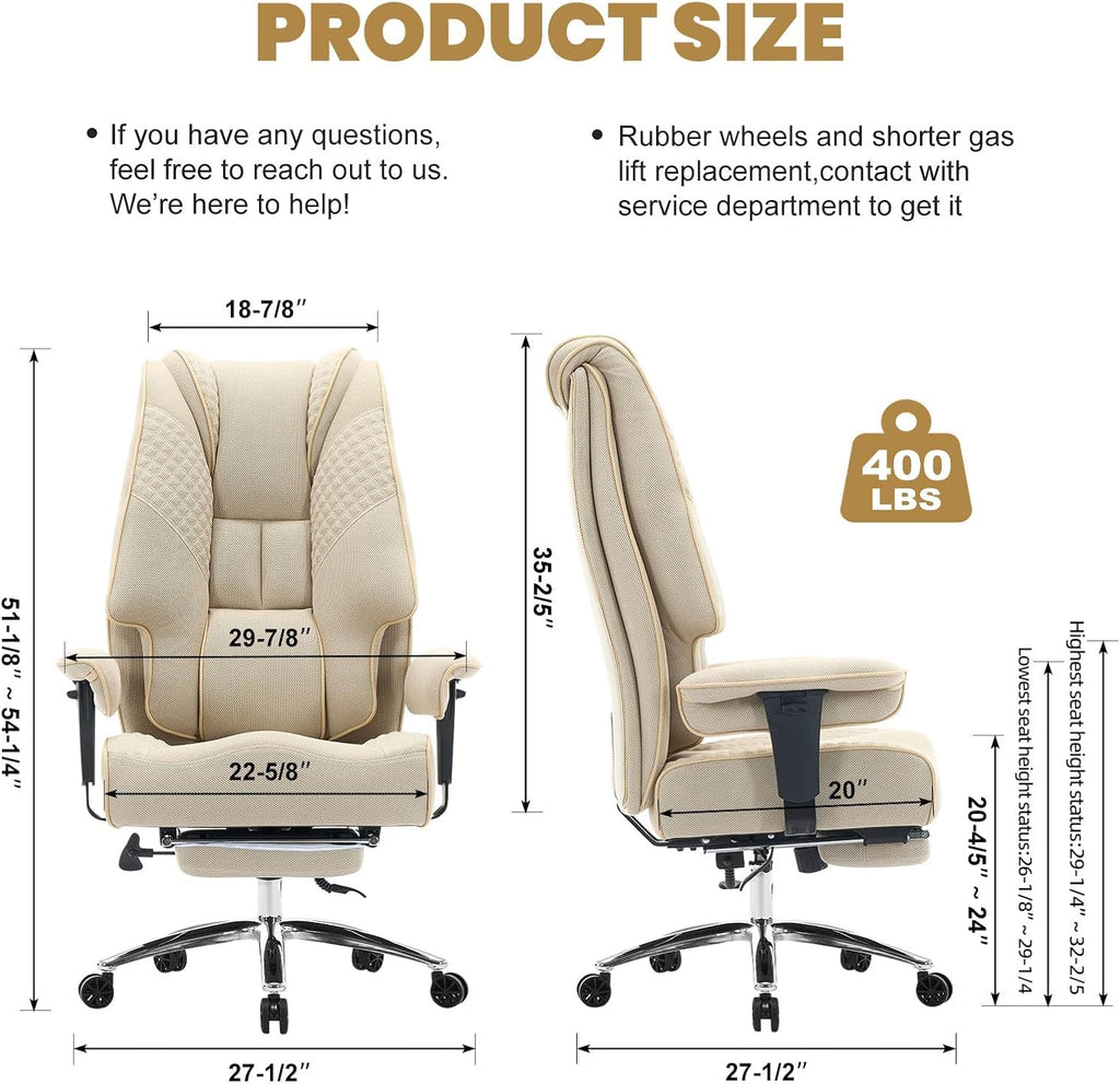 EXCEBET Big and Tall Office Chair 400lbs Wide Seat, Leather High Back Executive Office Chair with Lumbar Support, Ergonomic Chairs Padded Armrests & Thick Cushion (Mesh Beige)