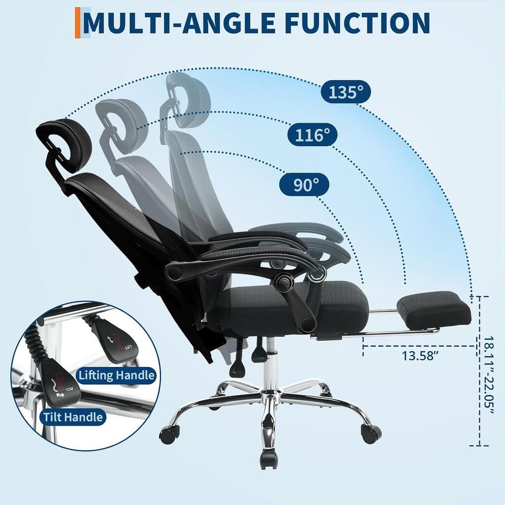 GarveeHome High Back Ergonomic Office Chair with Mesh Back, Retractable Footrest, Adjustable Headrest & Lumbar Support – Wide Computer Desk Chair with Wheels for Home Office or Bedroom, Black
