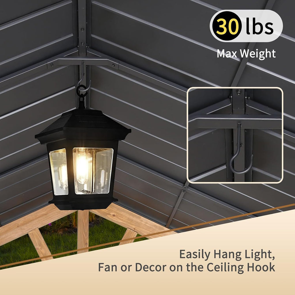 11x13 Hardtop Gazebo, Galvanized Steel Gable Roof Outdoor Pavilion with Cedar Wood Frame, Patio Gazebo for Deck, Garden, Lawn, Natural Wood/Black