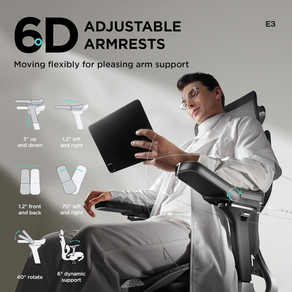 Hbada E3 Pro Ergonomic Office Chair, Big and Tall Office Chair - with 3-Zone Dynamic Lumbar Support, 4D Adjustable Headrest, 6D Adjustable Armrests, Swivel, Black