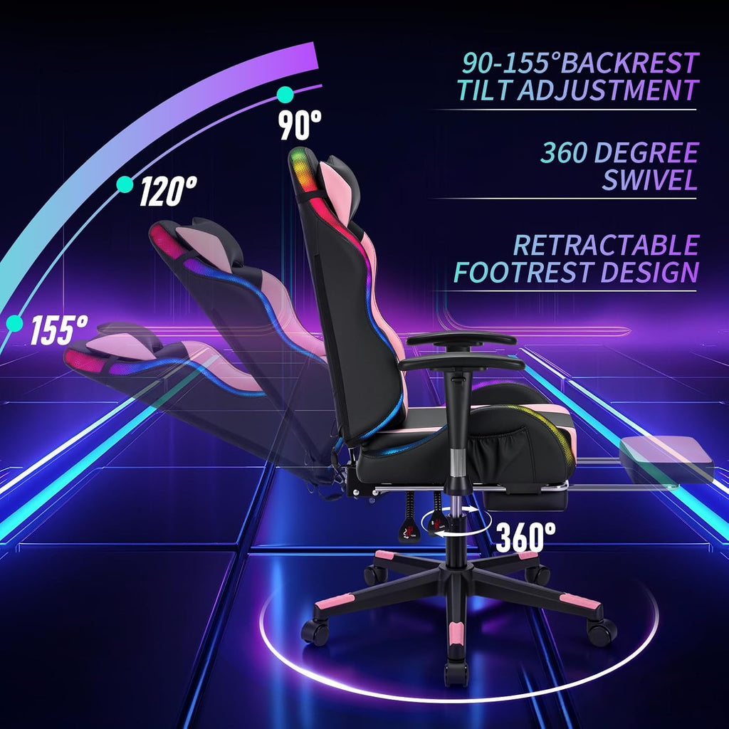 HOFFREE RGB LED Gaming Chair for Kids Reclining Gaming Chairs for Teens 8-15 Computer Chair with RGB Lights Kids PC Game Chair with Footrest and Lumbar Support Video Game Chairs Pink and Black