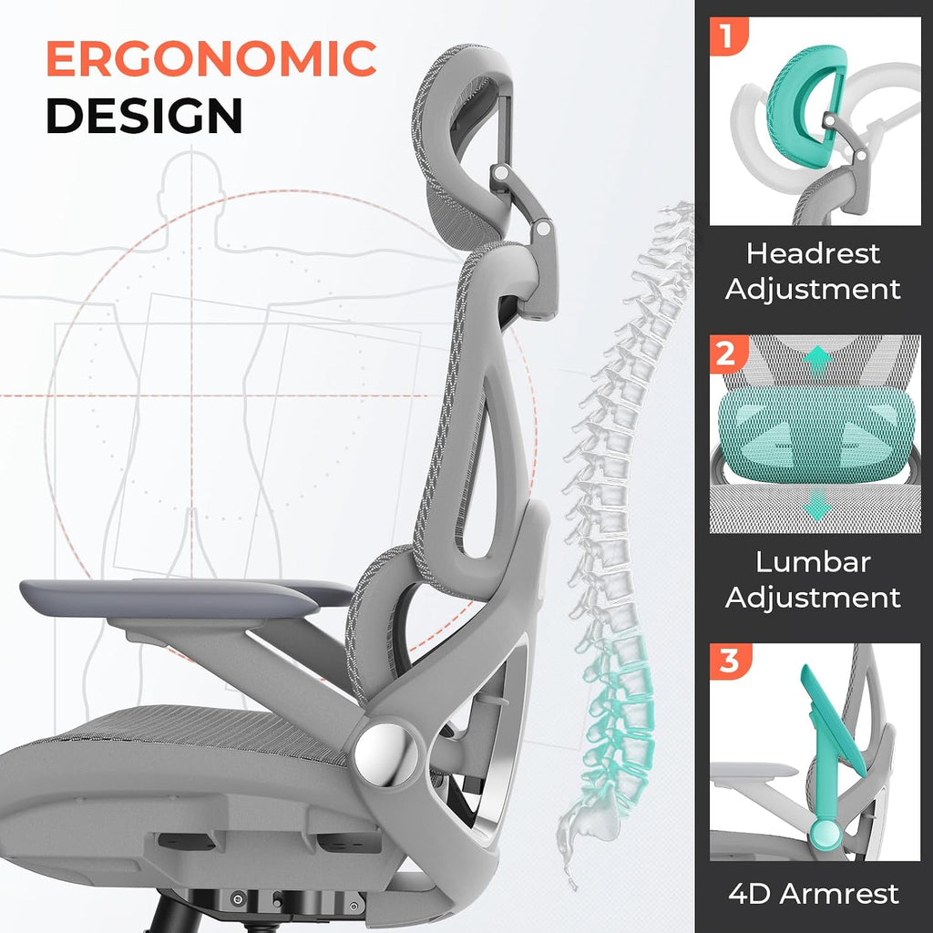 CAPOT Ergonomic Mesh Office Chair, Adjustable Lumbar High Back Desk Chair 400lbs, 4D Flip-up Arms, 3 Tilt Backrest, 3D Headrest, PU Wheels, Swivel Rolling Computer Chair for Long Desk Work - Grey