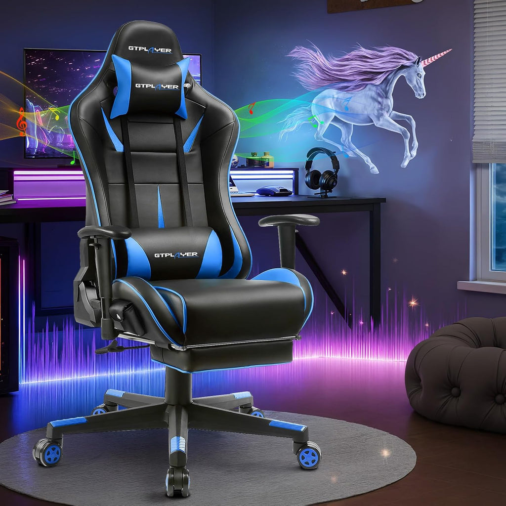 GTPLAYER Gaming Chair with Speakers, Video Game Chairs with Footrest for Adults, Ergonomic Computer PC Gamer Reclining Chair(Blue)