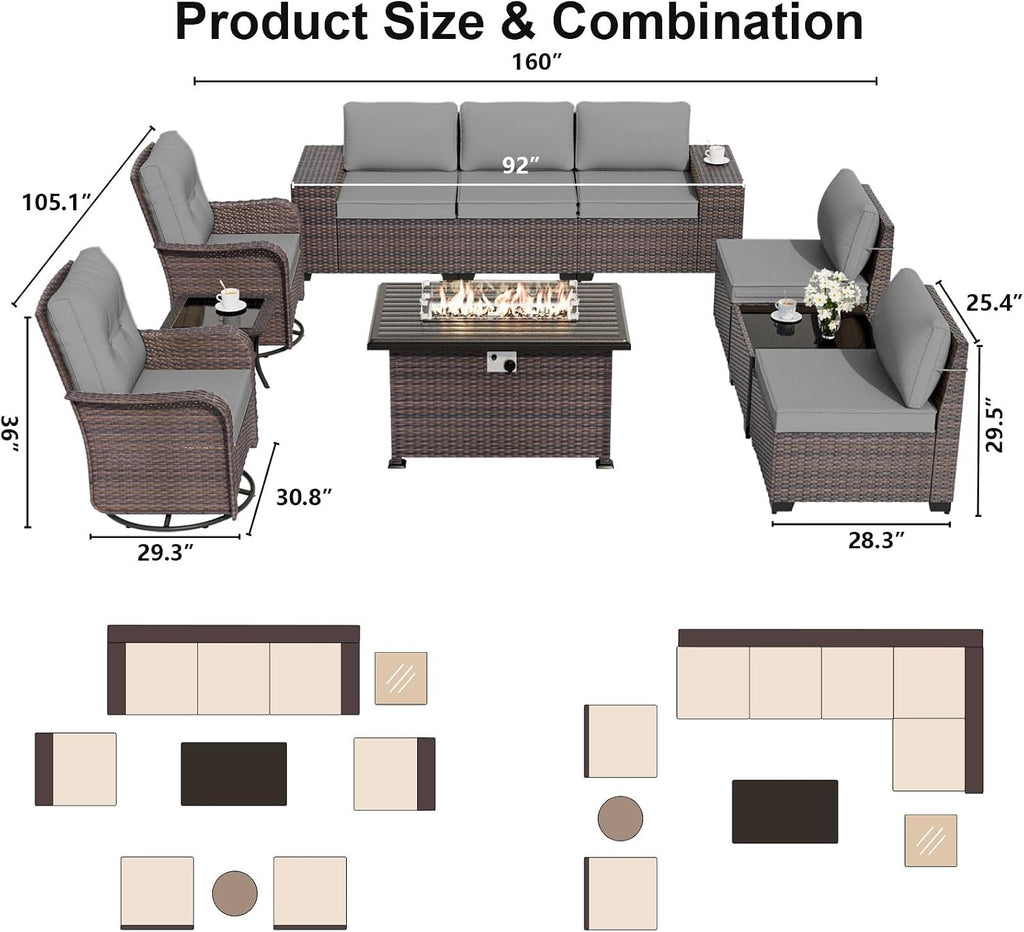 ALAULM 10 Pieces Outdoor Patio Furniture Set with 2 Swivel Chairs Outdoor Furniture Patio Sectional Sofas with 55000 Gas Fire Pit Patio Conversation Set w/7 Cushions-Grey