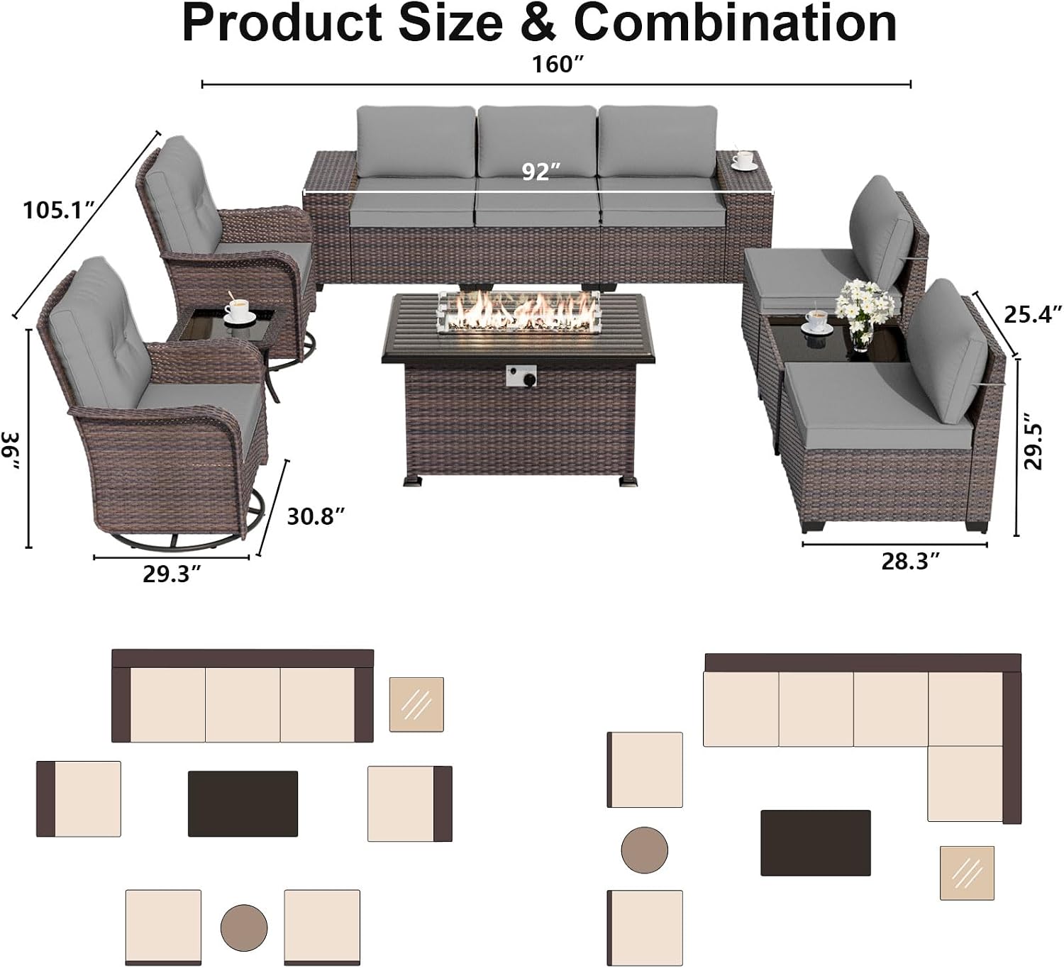 ALAULM 10 Pieces Outdoor Patio Furniture Set with 2 Swivel Chairs Outdoor Furniture Patio Sectional Sofas with 55000 Gas Fire Pit Patio Conversation Set w/7 Cushions-Grey