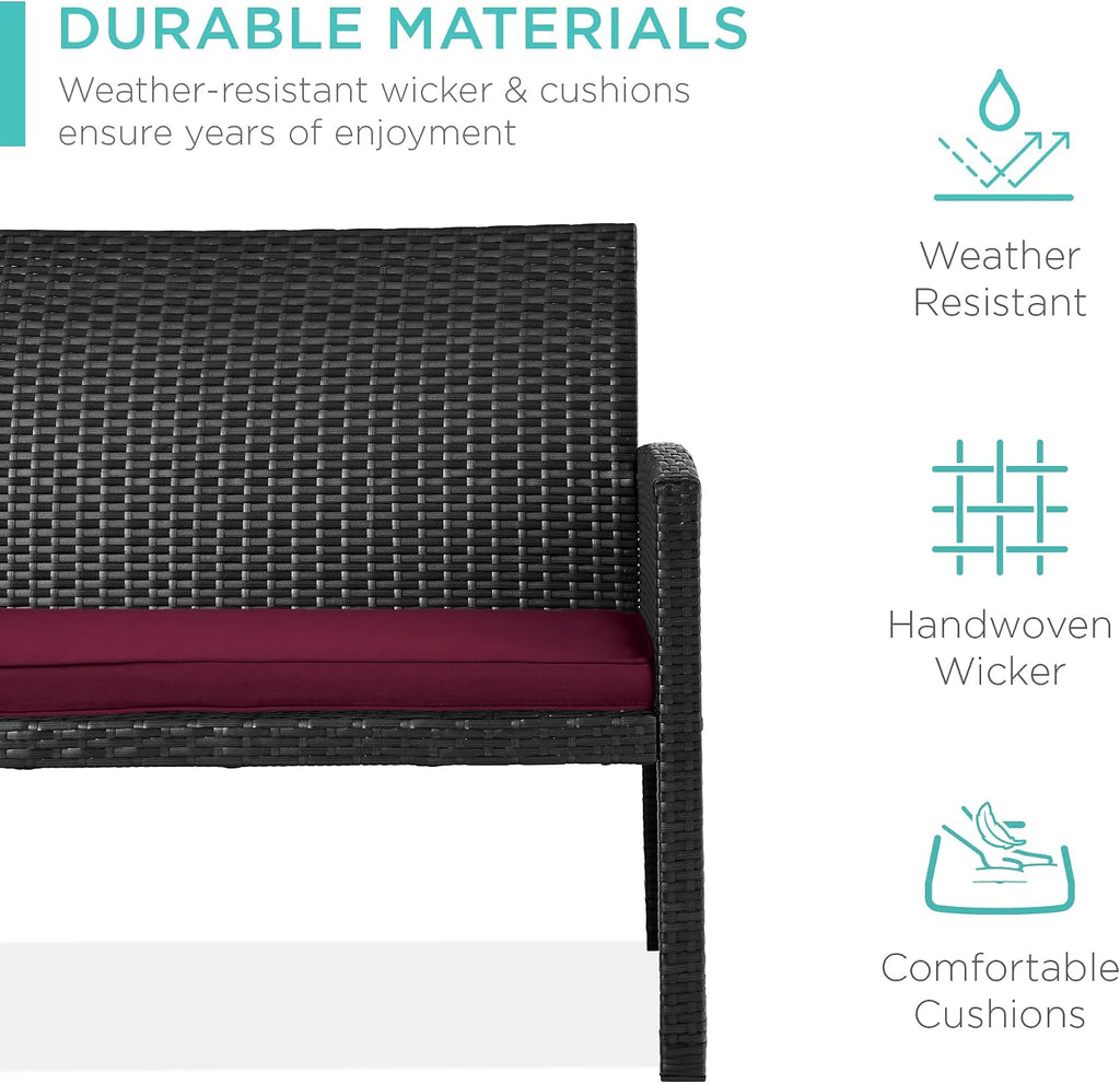 Best Choice Products 4-Piece Outdoor Wicker Patio Conversation Furniture Set for Backyard w/Coffee Table, Seat Cushions - Black/Deep Burgundy