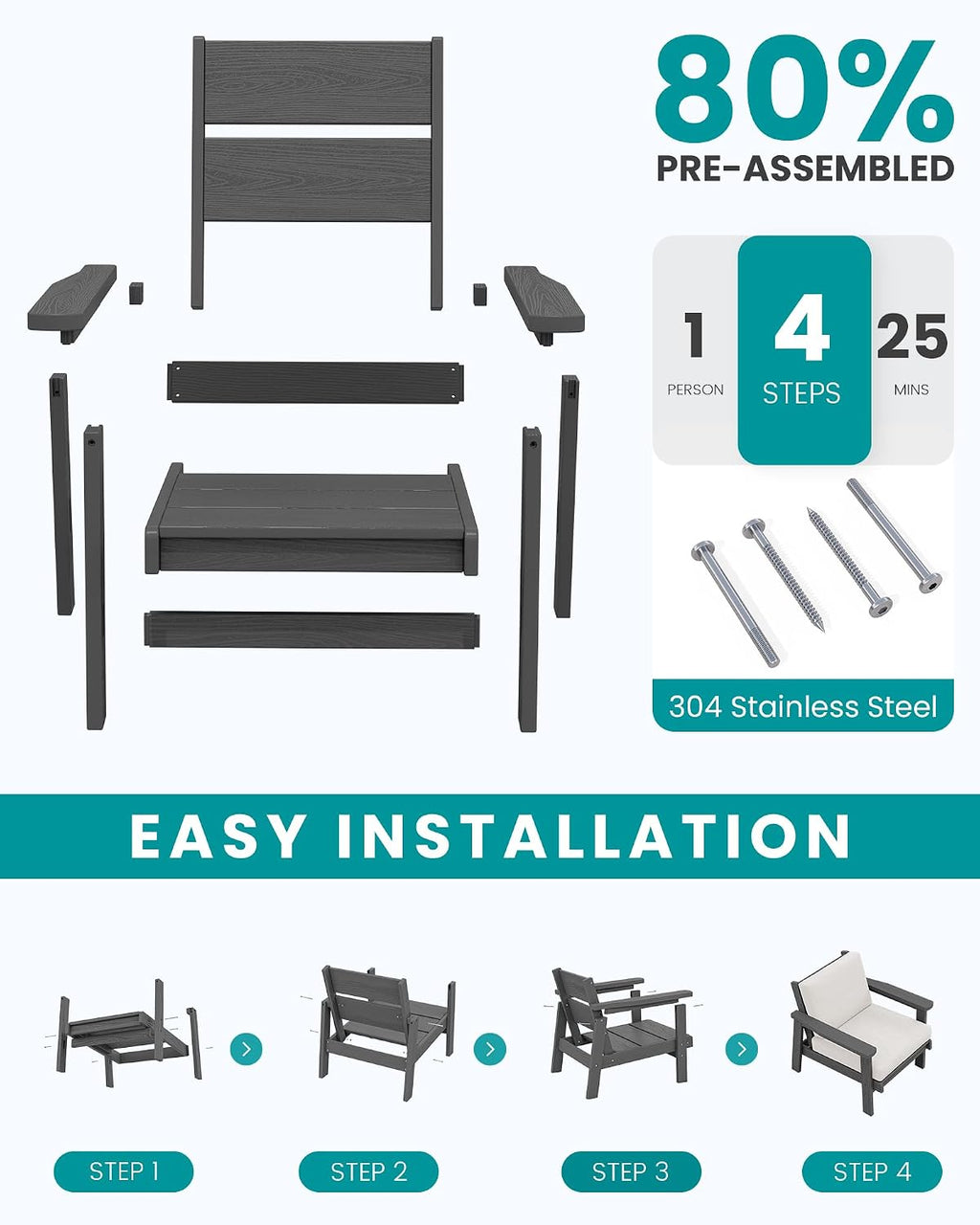 SERWALL HDPE Outdoor Couch Set of 2, All-Weather Wood-Like Patio Furniture Set, Outdoor Sofa Chairs with Khaki Cushions