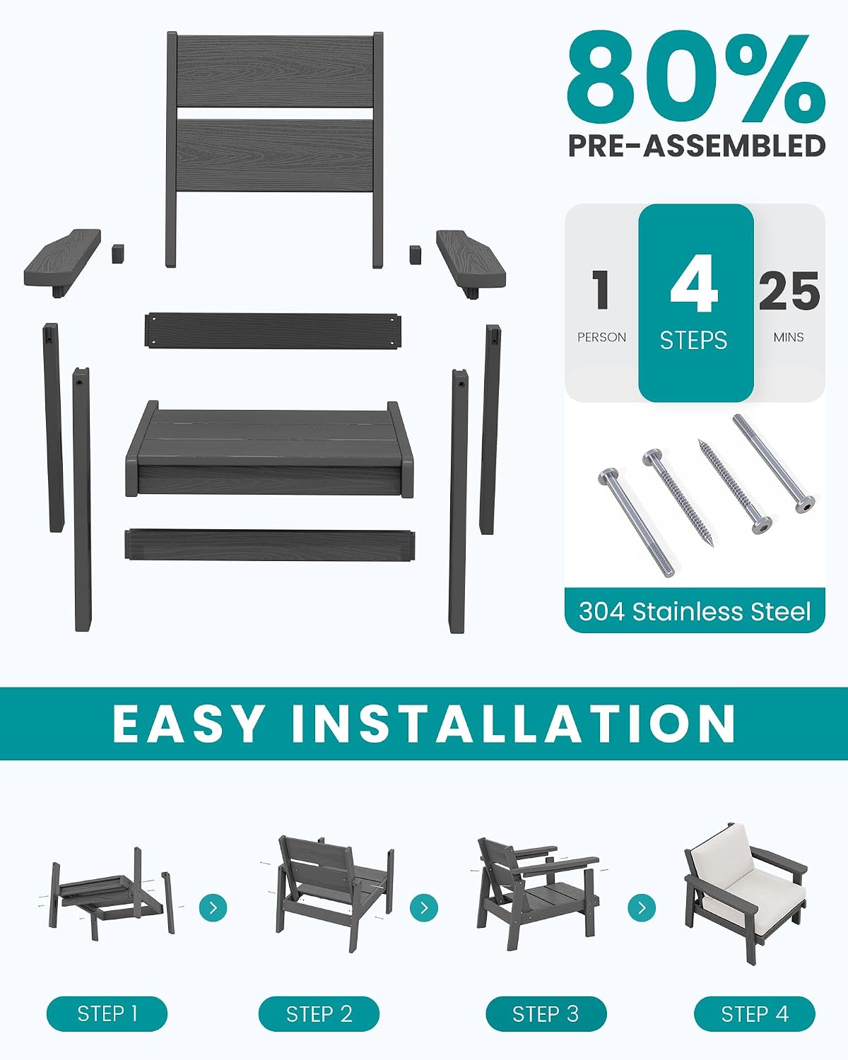 SERWALL HDPE Outdoor Couch, Grey Frame and Khaki Cushion