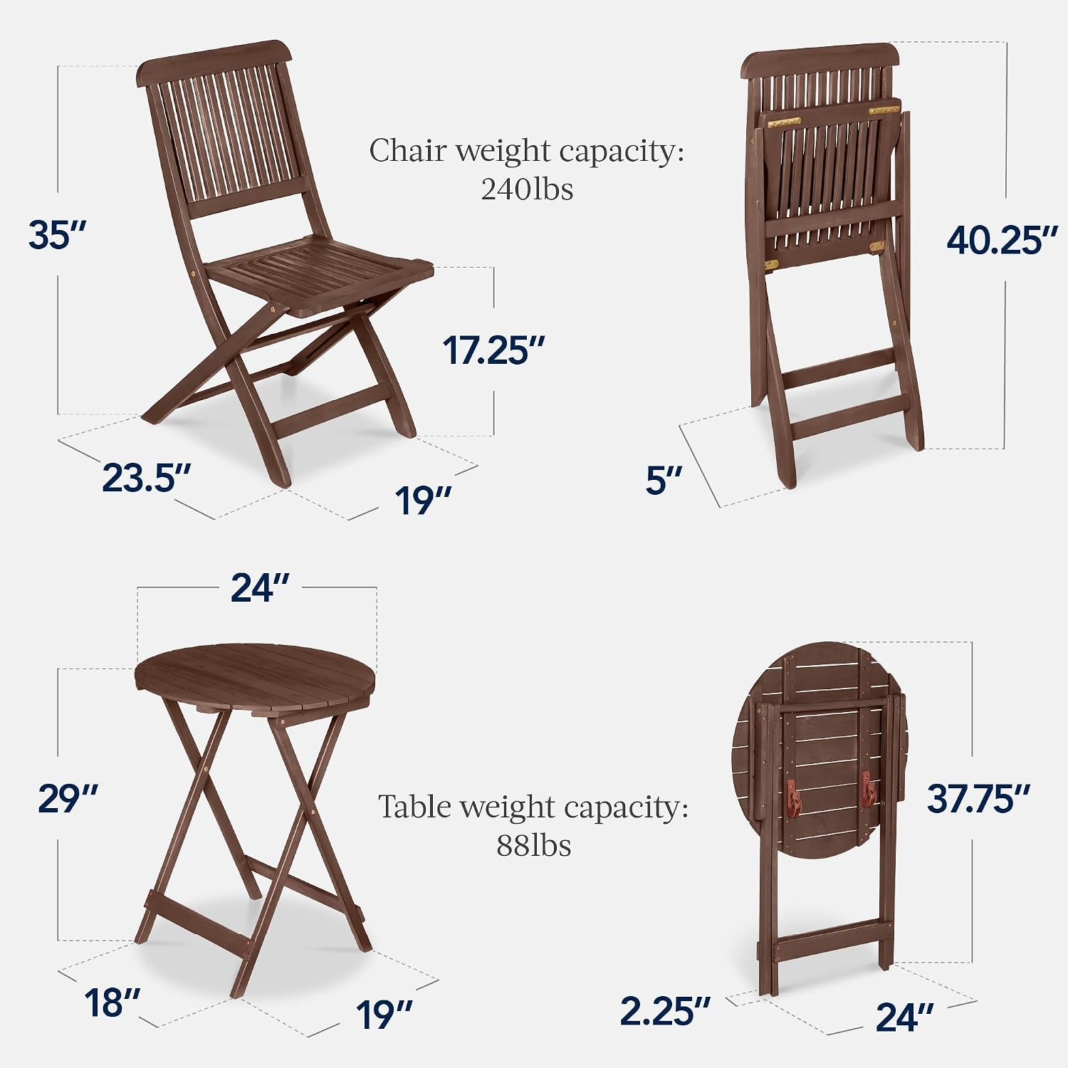 Best Choice Products 3-Piece Acacia Wood Bistro Set, Folding Patio Furniture for Backyard, Balcony, Deck w/ 2 Chairs, Round Coffee Table, Teak Finish - Brown