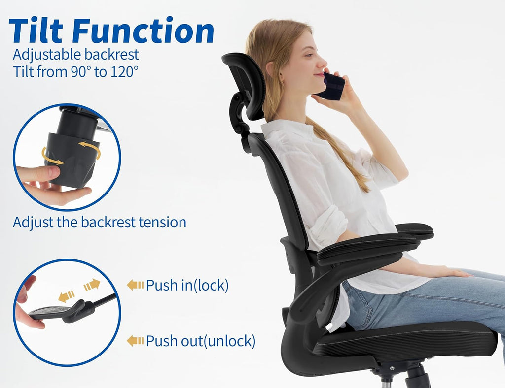 TRALT Ergonomic Office Chair - Desk Chair with Adjustable Headrest Lumbar Support Computer Chair - Mesh Comfy Chair with Flip-up Armrests - Gaming Chair for Adults Home Office PU, Black, Pack of 6
