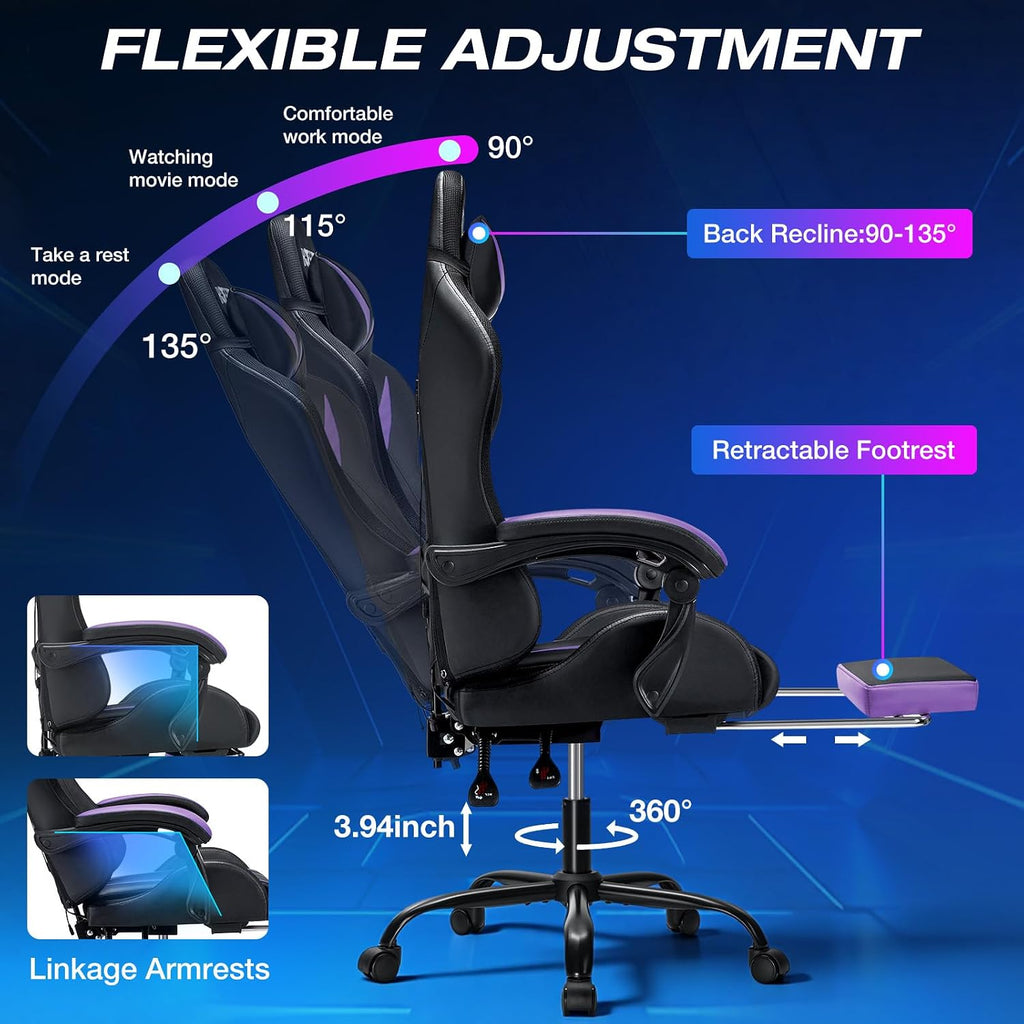 RGB Gaming Chair with Massage and LED Lights Ergonomic Computer Chair with Footrest Reclining High Back Video Game Chair for Adults with Adjustable Lumbar Support Purple and Black