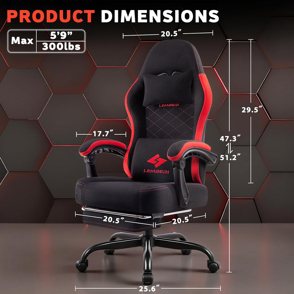 LEMBERI Gaming Chair, Fabric Big and Tall Video Game Chairs with Footrest, Massage Lumbar Support, Racing Style Ergonomic Computer Gamer Chair with Adjustable Headrest (Red)