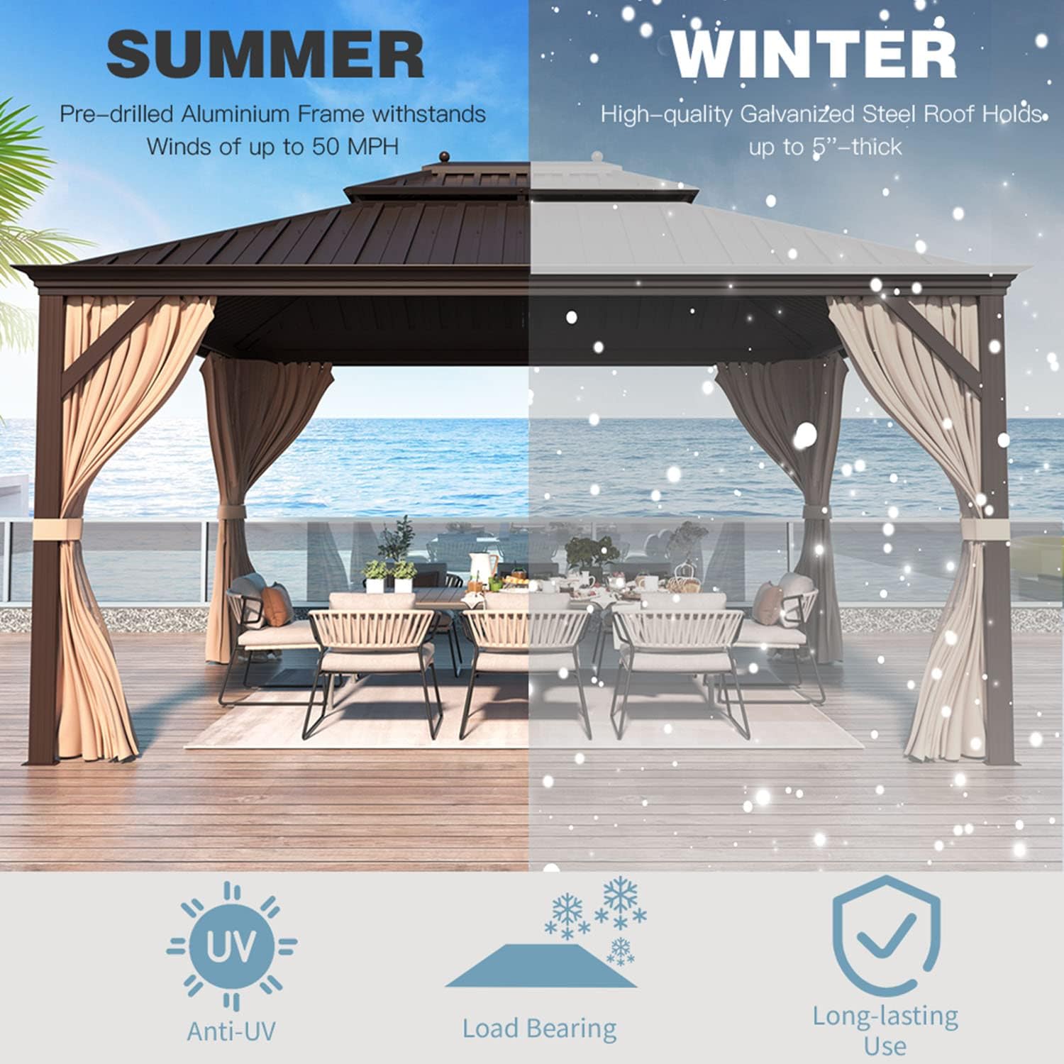MELLCOM 10'x12' Hardtop Gazebo with Galvanized Steel Double Roof, Canopy Aluminum Frame, Curtains and Netting Included, Metal Outdoor Gazebos for Patios, Garden, Lawns, Parties