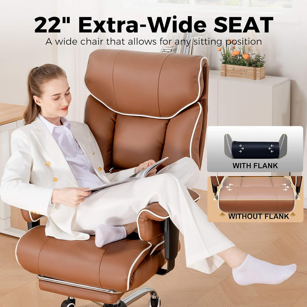 COMHOMA Big and Tall Office Chair 400lbs High Back Leather Executive Chair with Ergonomic Lumbar Support & Pocket Spring Cushion for Lower Back Pain Relief, Computer Gaming Chair with Foot Rest, Brown