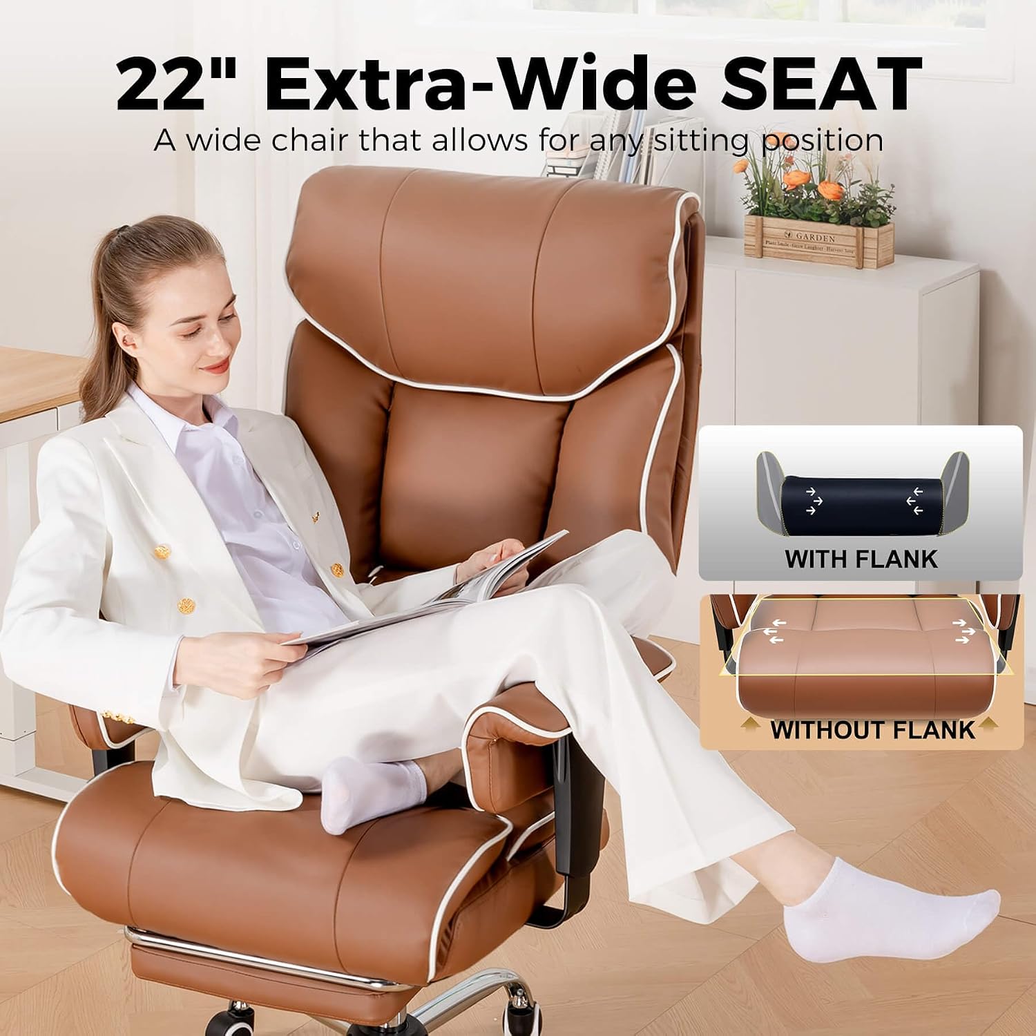 COMHOMA Big and Tall Office Chair 400lbs High Back Leather Executive Chair with Ergonomic Lumbar Support & Pocket Spring Cushion for Lower Back Pain Relief, Computer Gaming Chair with Foot Rest, Brown