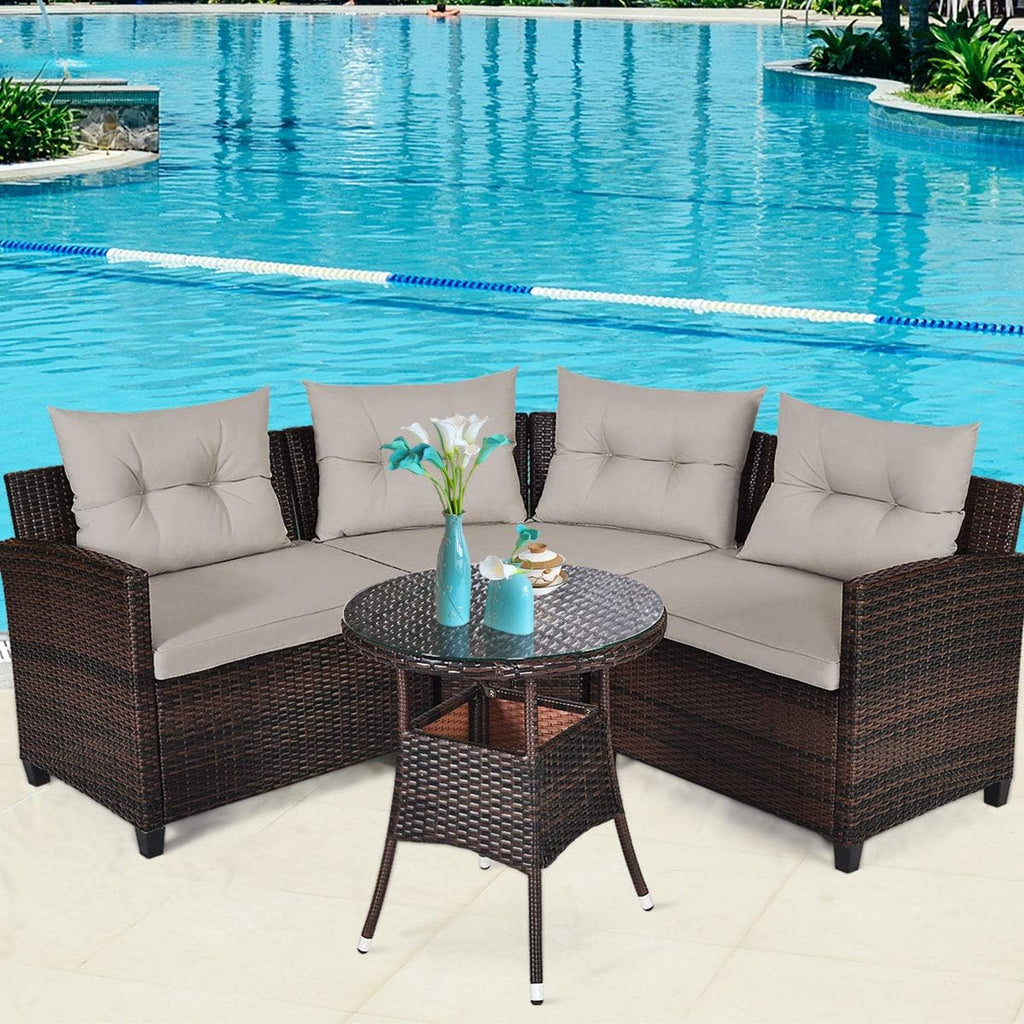 Tangkula 4-Piece C Shape Patio Furniture Set, Outdoor Corner Wicker Rattan Sectional Cushioned Sofa Set, with Glass Coffee Table, for Garden Poolside Balcony (Beige)