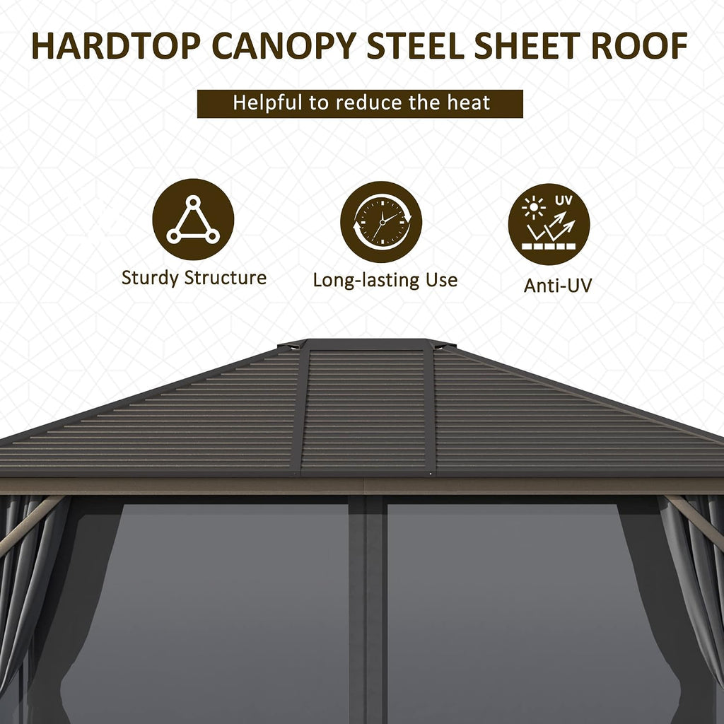 Outsunny 10' x 12' Hardtop Gazebo with Curtains and Netting, Permanent Pavilion Metal Single Roof Gazebo Canopy with Aluminum Frame and Hooks, for Garden, Patio, Backyard, Dark Gray