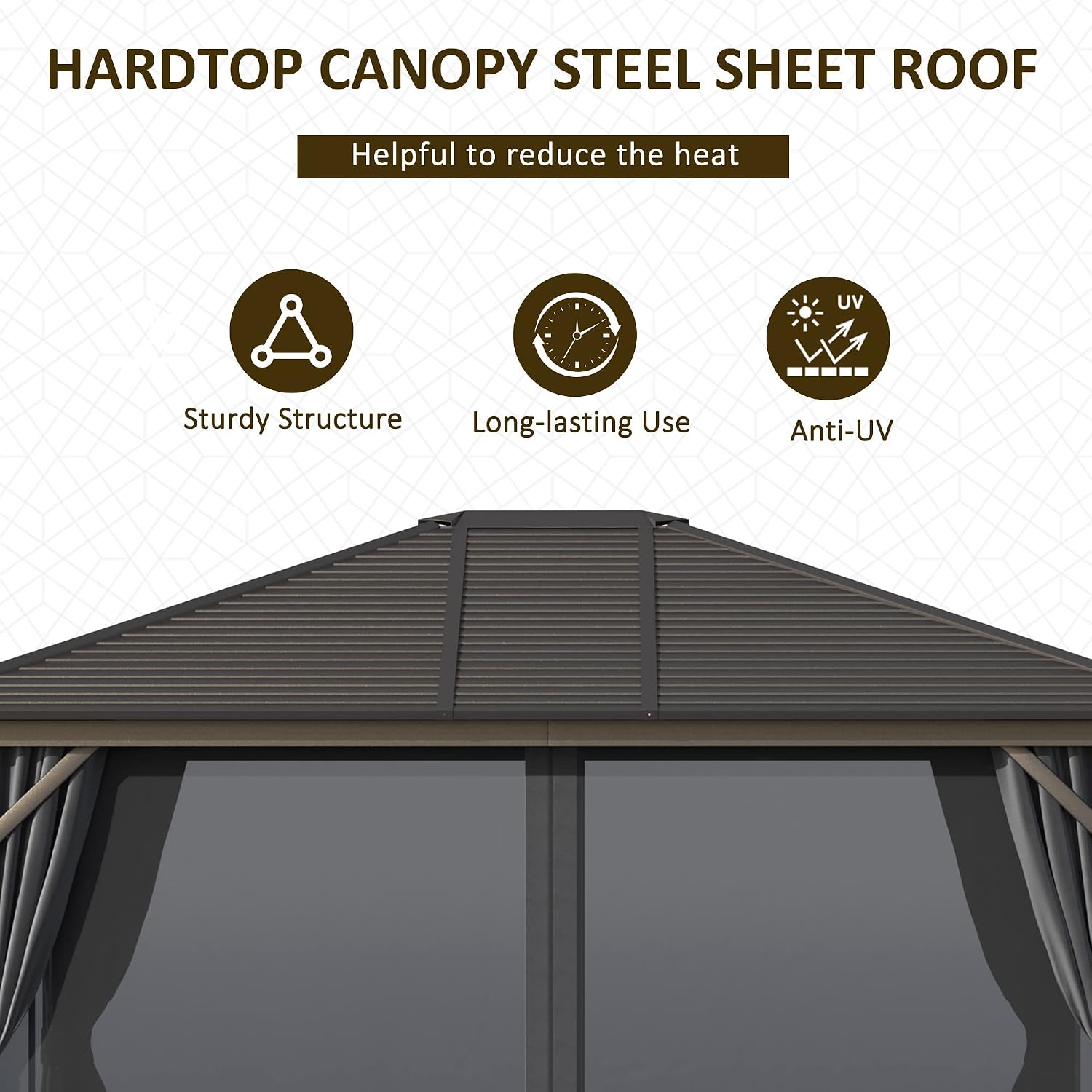 Outsunny 10' x 12' Hardtop Gazebo with Curtains and Netting, Permanent Pavilion Metal Single Roof Gazebo Canopy with Aluminum Frame and Hooks, for Garden, Patio, Backyard, Dark Gray