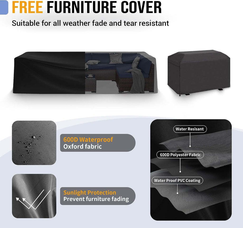 Outdoor Patio Furniture Set with 44' Fire Pit Table 8 Pieces Rattan Patio Sectional Sofa Conversation Set w/55000 BTU Propane Gas Fire Pit, Coffee Table, 2 Waterproof Covers, Blue