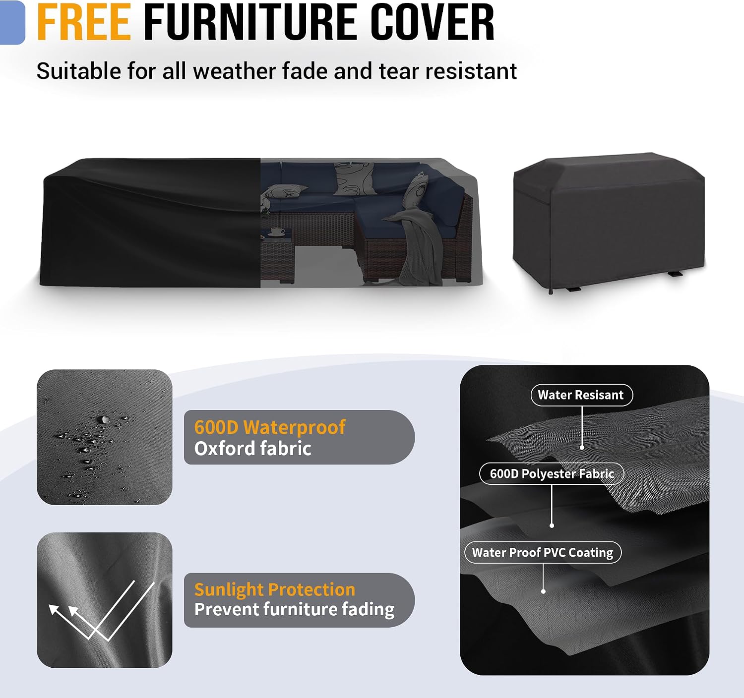 Outdoor Patio Furniture Set with 44' Fire Pit Table 8 Pieces Rattan Patio Sectional Sofa Conversation Set w/55000 BTU Propane Gas Fire Pit, Coffee Table, 2 Waterproof Covers, Blue
