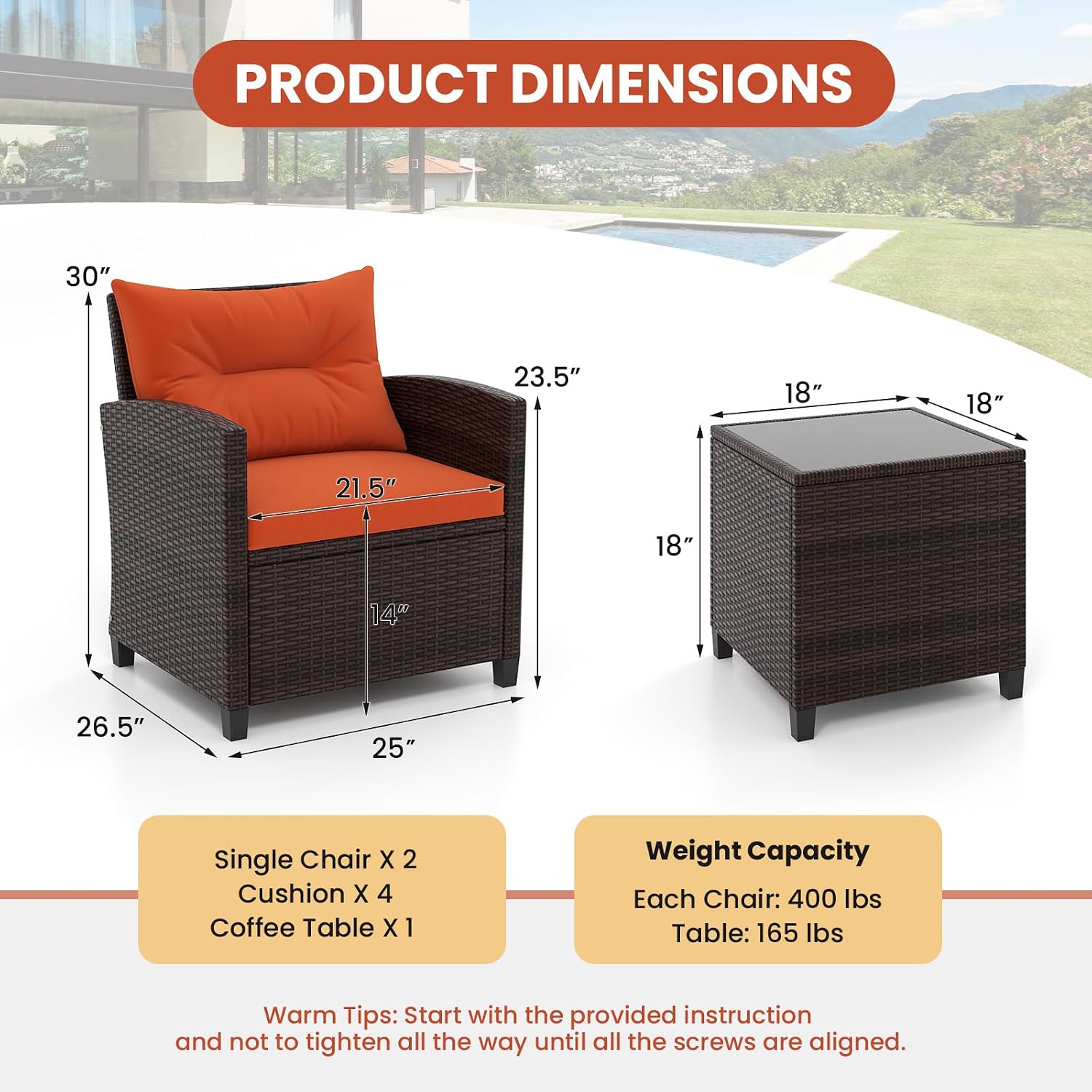 RELAX4LIFE 3 Piece Patio Furniture Set, Wicker Bistro Conversation Set w/2 Cushioned Armchairs & Glass Topped Table, Outdoor Rattan Sofa Set Patio Furniture for Porch Balcony Poolside (Orange)