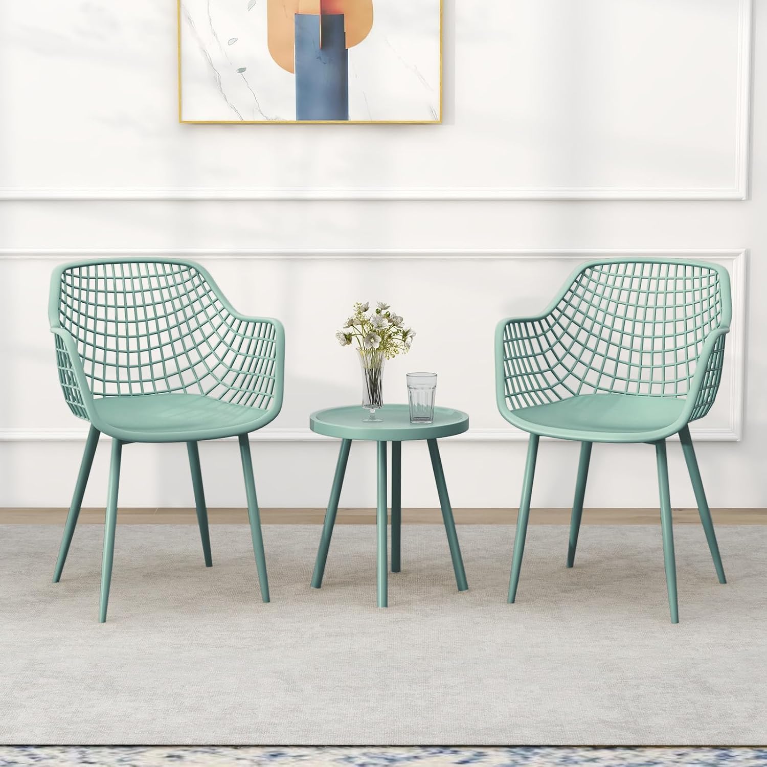 Giantex 3 Piece Patio Furniture Set, Outdoor Bistro Table and Chairs Set of 2, PP Seat & Metal Legs, Small Conversation Set for Balcony Front Porch Deck Backyard Lawn (Mint Green)